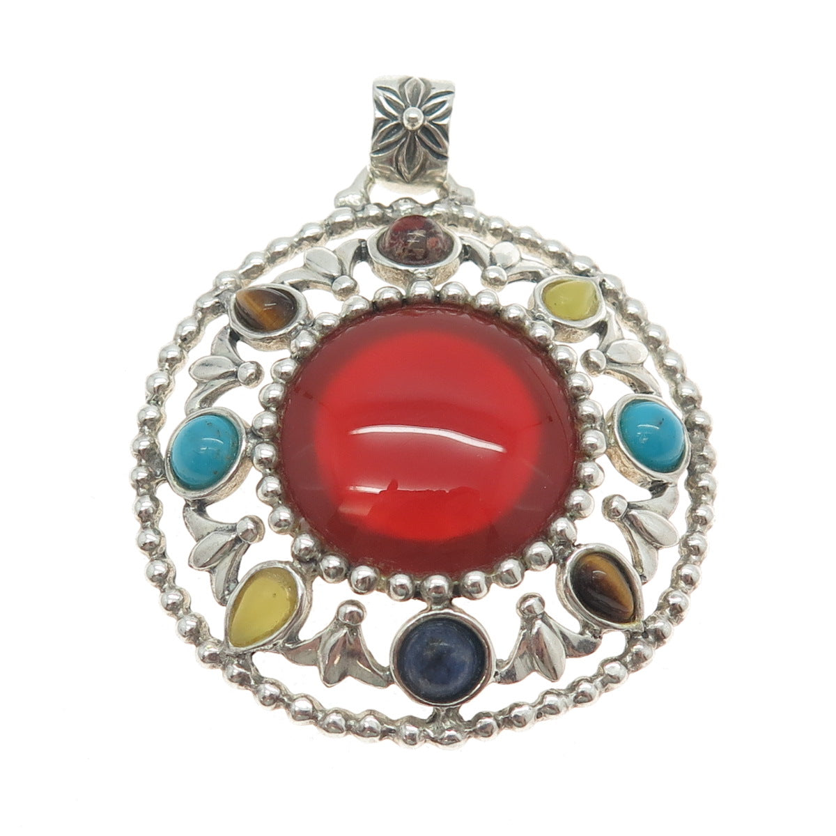 925 Sterling Vintage Real Carnelian Tiger Eye Turquoise Sodalite Jasper Pendant