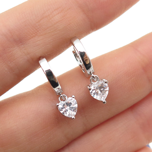 925 Sterling Silver Heart-Cut C Z Dangle Hoop Earrings