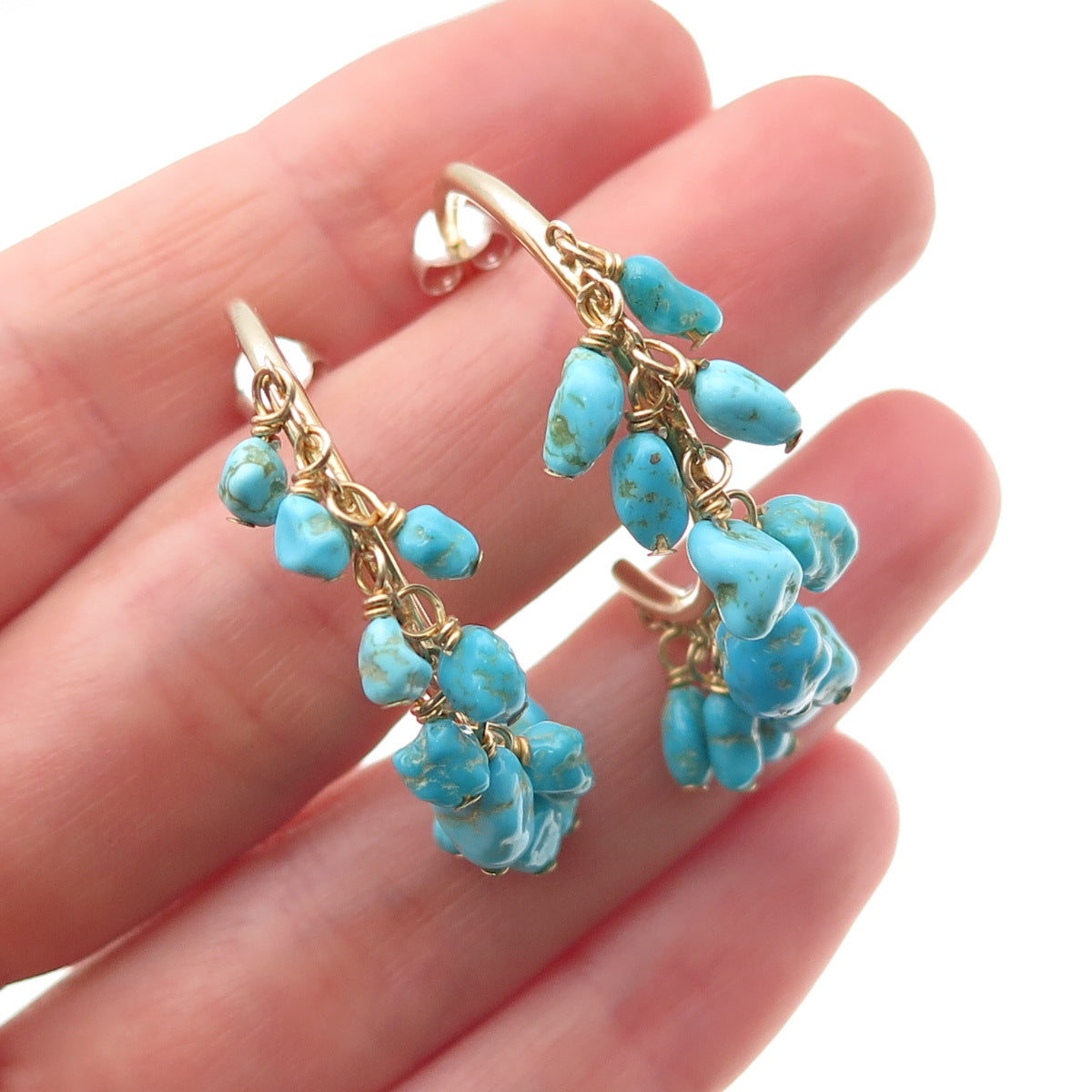 925 Sterling Silver Gold Plated Real Turquoise Beads Hoop Earrings
