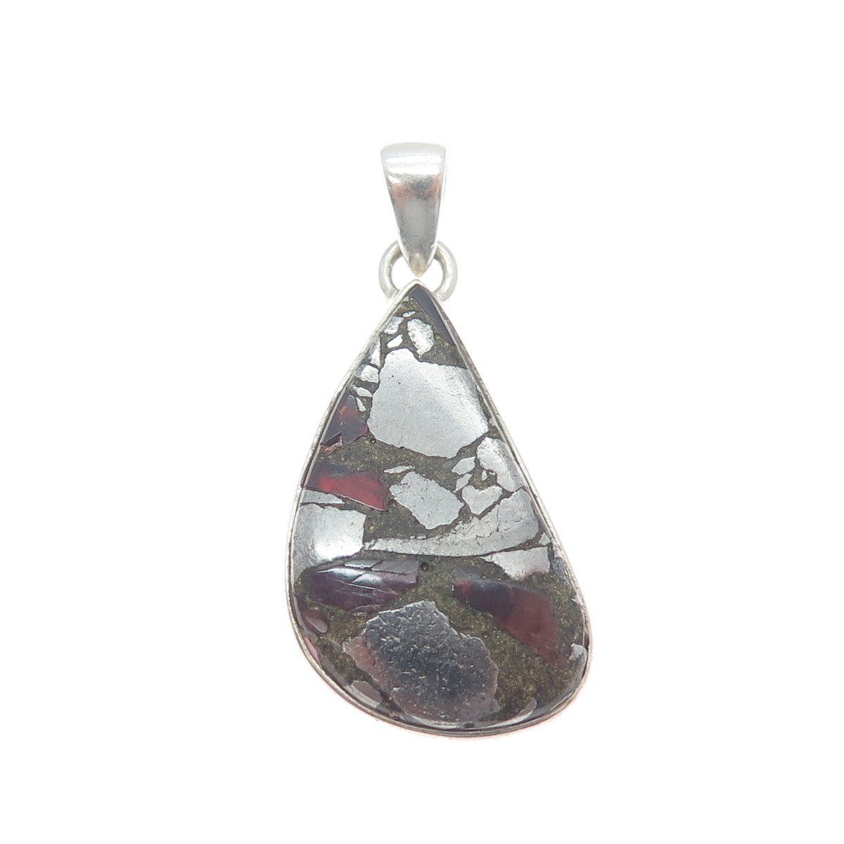 925 Sterling Vintage Real Pyrite Tourmaline & Red Garnet Inlay Modernist Pendant