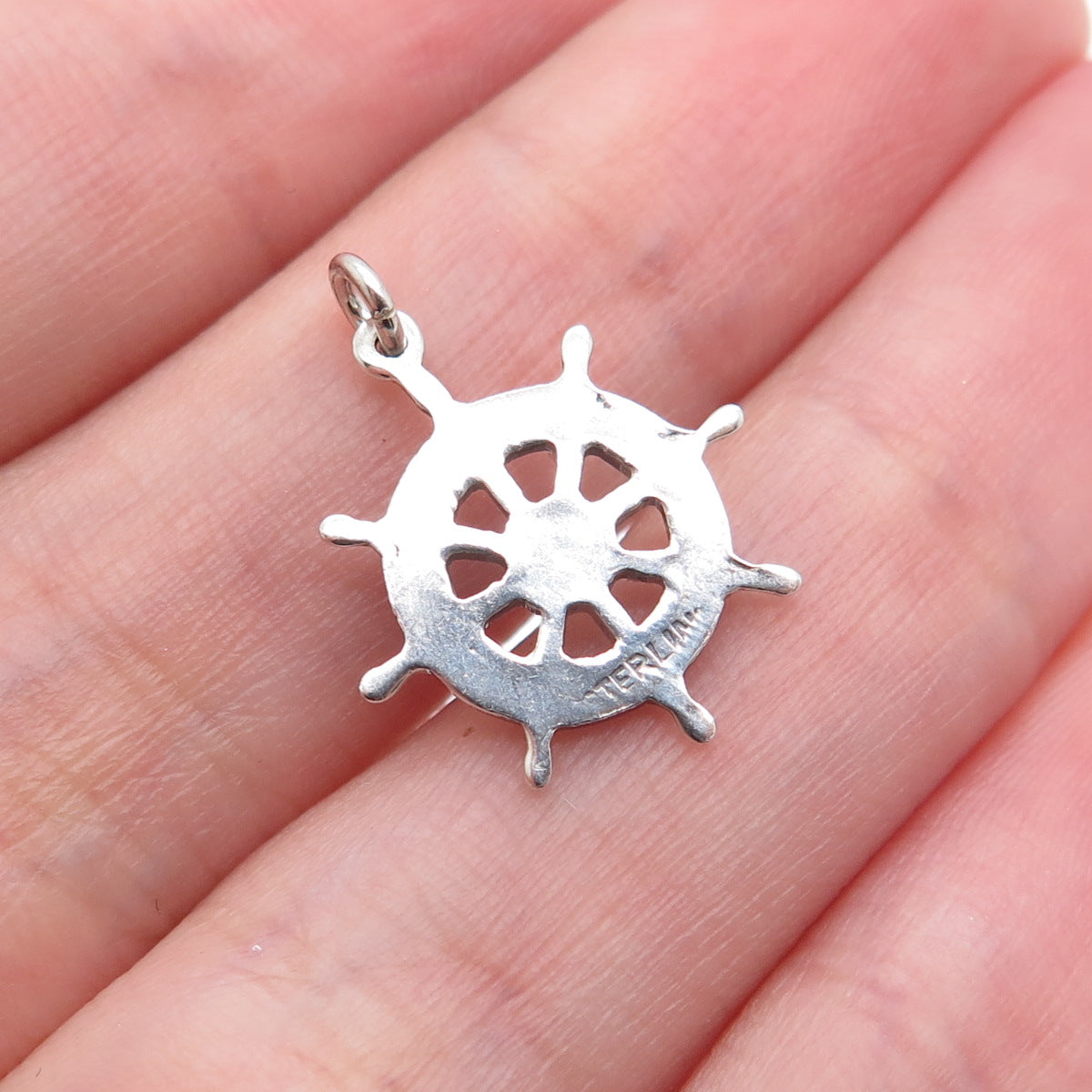 925 Sterling Silver Vintage Helm Ship Wheel Oxidized Minimalist Charm Pendant