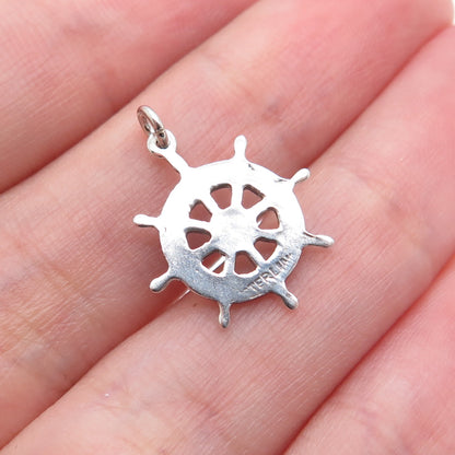 925 Sterling Silver Vintage Helm Ship Wheel Oxidized Minimalist Charm Pendant