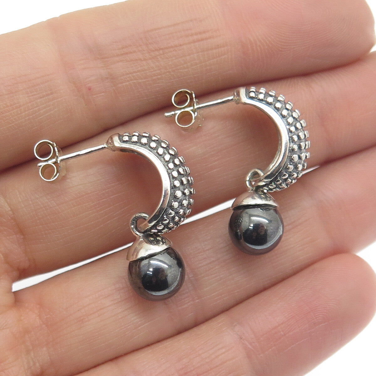 925 Sterling Silver Vintage Real Hematite Alligator Skin Oxidized Earrings