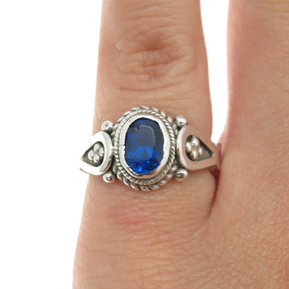 925 Sterling Silver Vintage Blue C Z Boho / Ethnic Ring Size 5.25