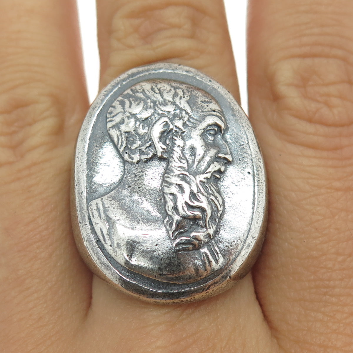 800 Silver Antique France Epicurus Greek Philosopher Oxidized Ring Size 9.25