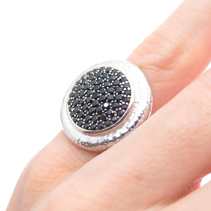 925 Sterling Silver Real Round-Cut Black Spinel Hammered Ring Size 4