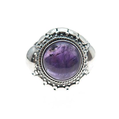 925 Sterling Silver Vintage Real Amethyst Dotted Oxidized Ring Size 8