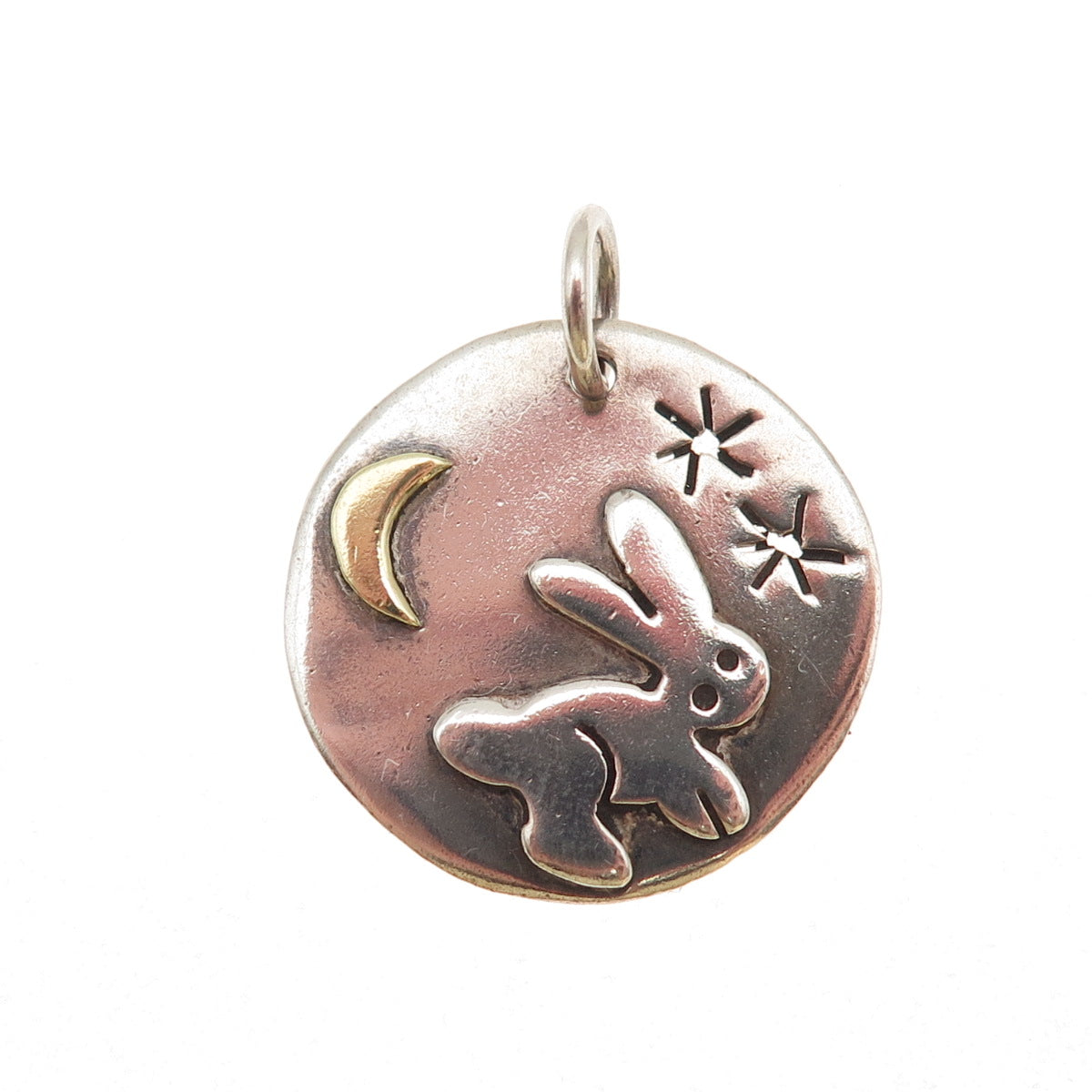 925 Sterling Silver 2-Tone Vintage AHD Mexico Rabbit Crescent Moon Charm Pendant