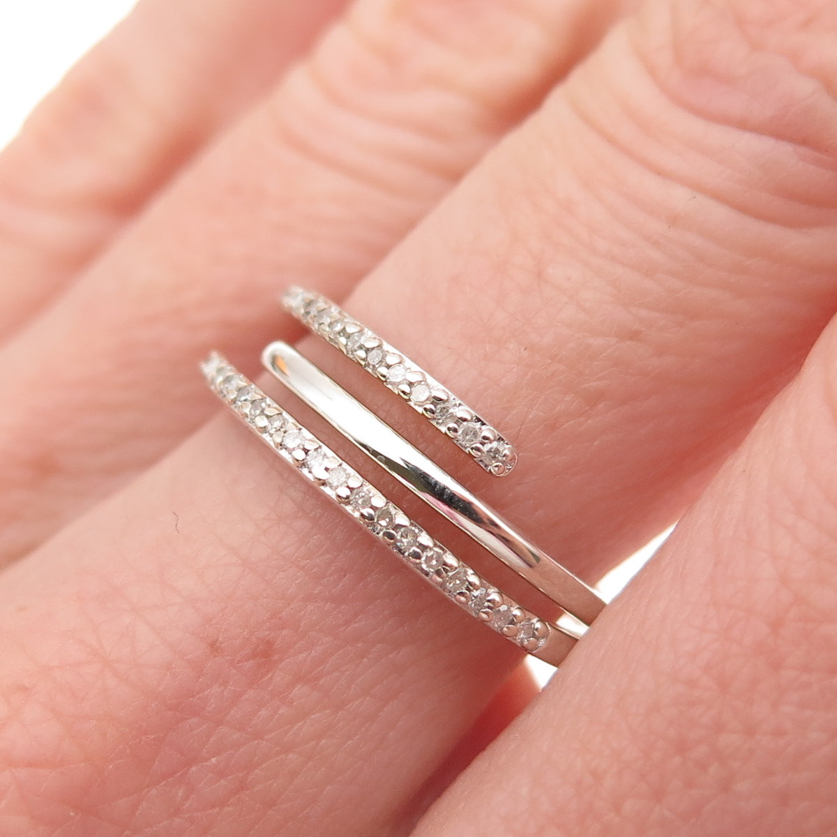 925 Sterling Silver Real Round-Cut Diamond Bypass Adjustable Ring Size 7.25