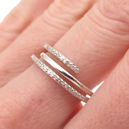 925 Sterling Silver Real Round-Cut Diamond Bypass Adjustable Ring Size 7.25