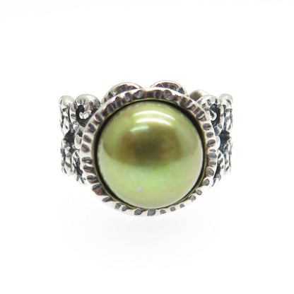 DIDAE 925 Sterling Silver Vintage Israel Real Pearl Oxidized Ring Size 8