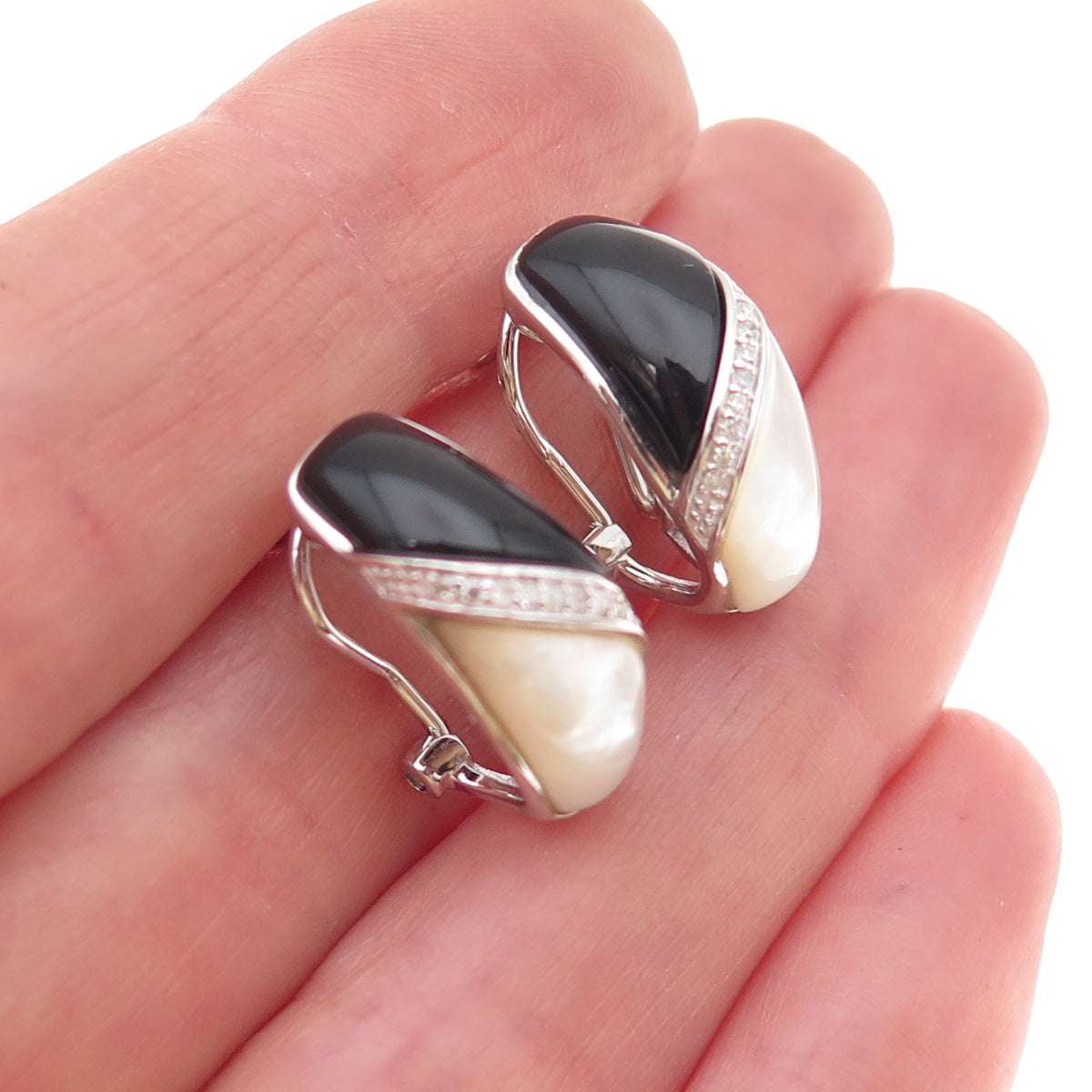 Sai 925 Sterling Silver Real Diamond Black Onyx & MOP Omega Back Earrings