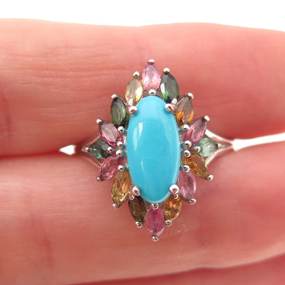 D'Joy 925 Sterling Silver Real Turquoise & Multi-Color Tourmaline Ring Size 8