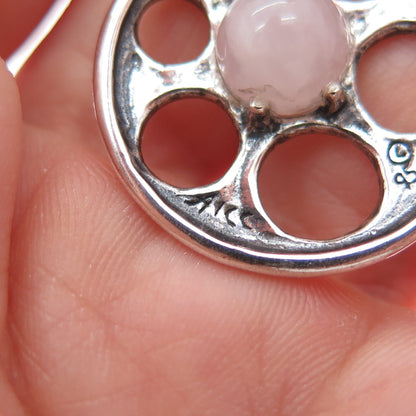 AICC 925 Sterling Silver Vintage Real Rose Quartz Modernist Disc Charm Pendant