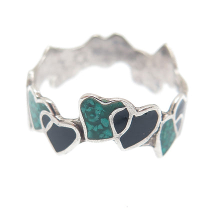 925 Sterling Silver Vintage Mexico Enamel Real Turquoise Inlay Heart Ring Size 7