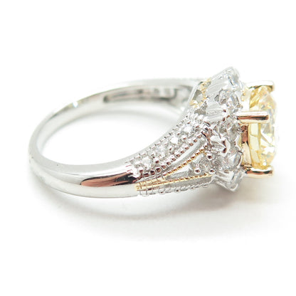 925 Sterling Silver 2-Tone Round-Cut Canary & White C Z Ring Size 8