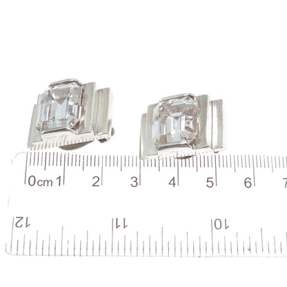 925 Sterling Silver Vintage Emerald-Cut C Z Clip On Earrings