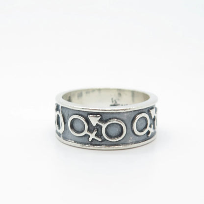 925 Sterling Silver Vintage Mexico Gender Symbols Band Ring Size 6