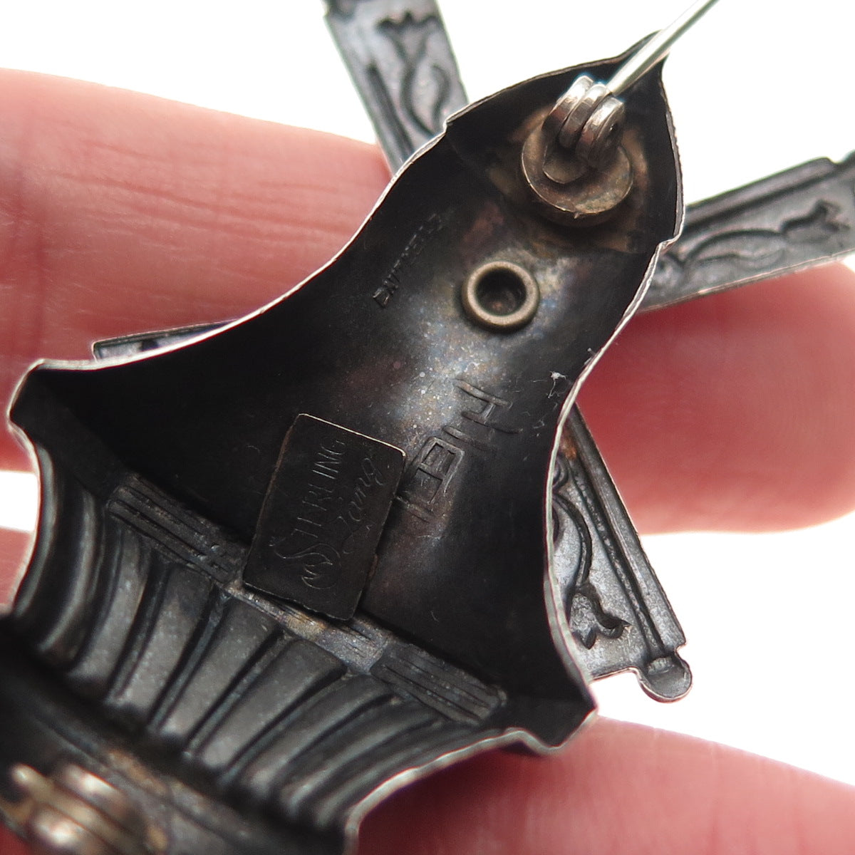 Lang 925 Sterling Silver Antique Art Deco Windmill Oxidized Pin Brooch