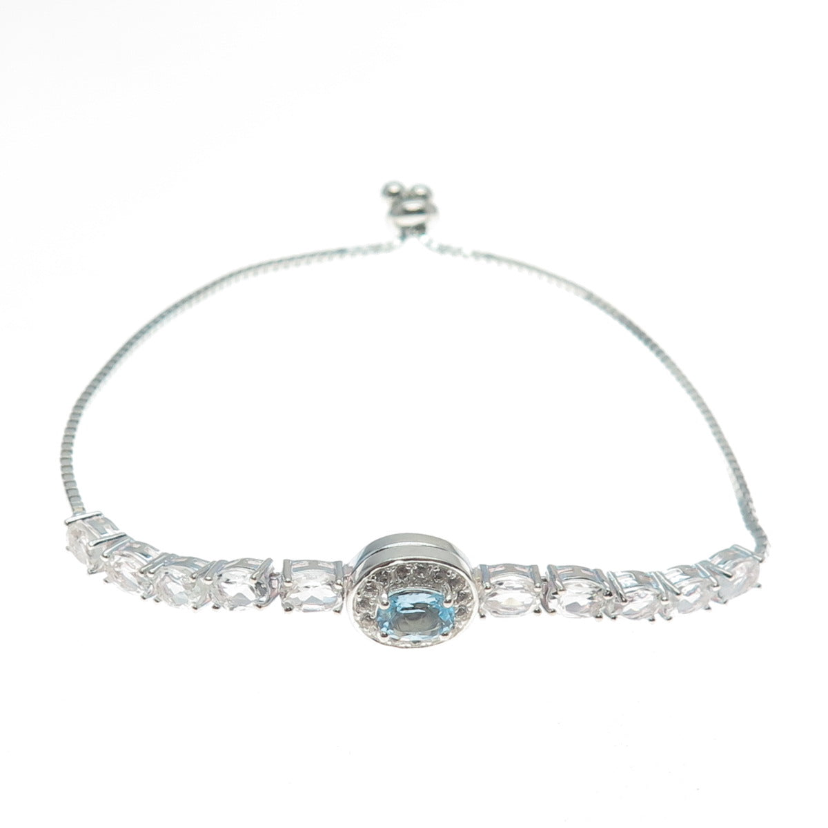 925 Sterling Blue & White Topaz Interchangeable Adjustable Bolo Bracelet 6-9.75"