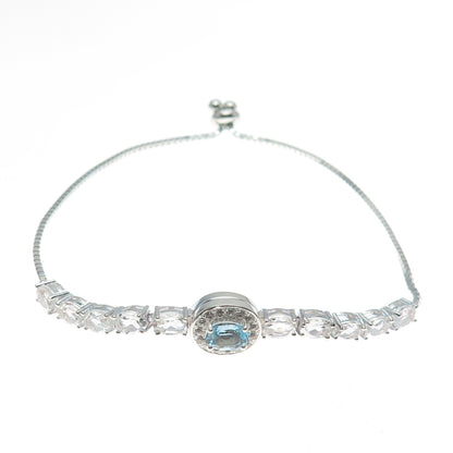 925 Sterling Blue & White Topaz Interchangeable Adjustable Bolo Bracelet 6-9.75"