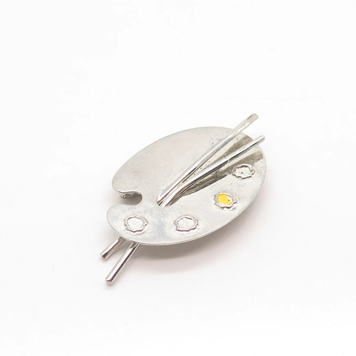 925 Sterling Silver Vintage BEAU Yellow Enamel Artist Palette & Brushes Brooch