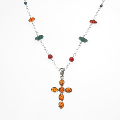 BARSE Sterling Silver Vintage Amber Pearl Carnelian Turquoise Cross Necklace 18"