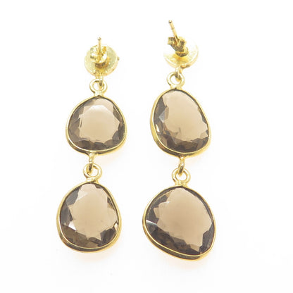 925 Sterling Silver Gold Plated Vintage Smoky Quartz Modernist Dangle Earrings