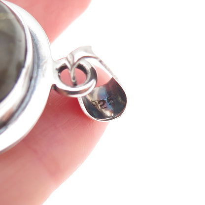 925 Sterling Silver Vintage Real Labradorite & Agate Modernist Oxidized Pendant