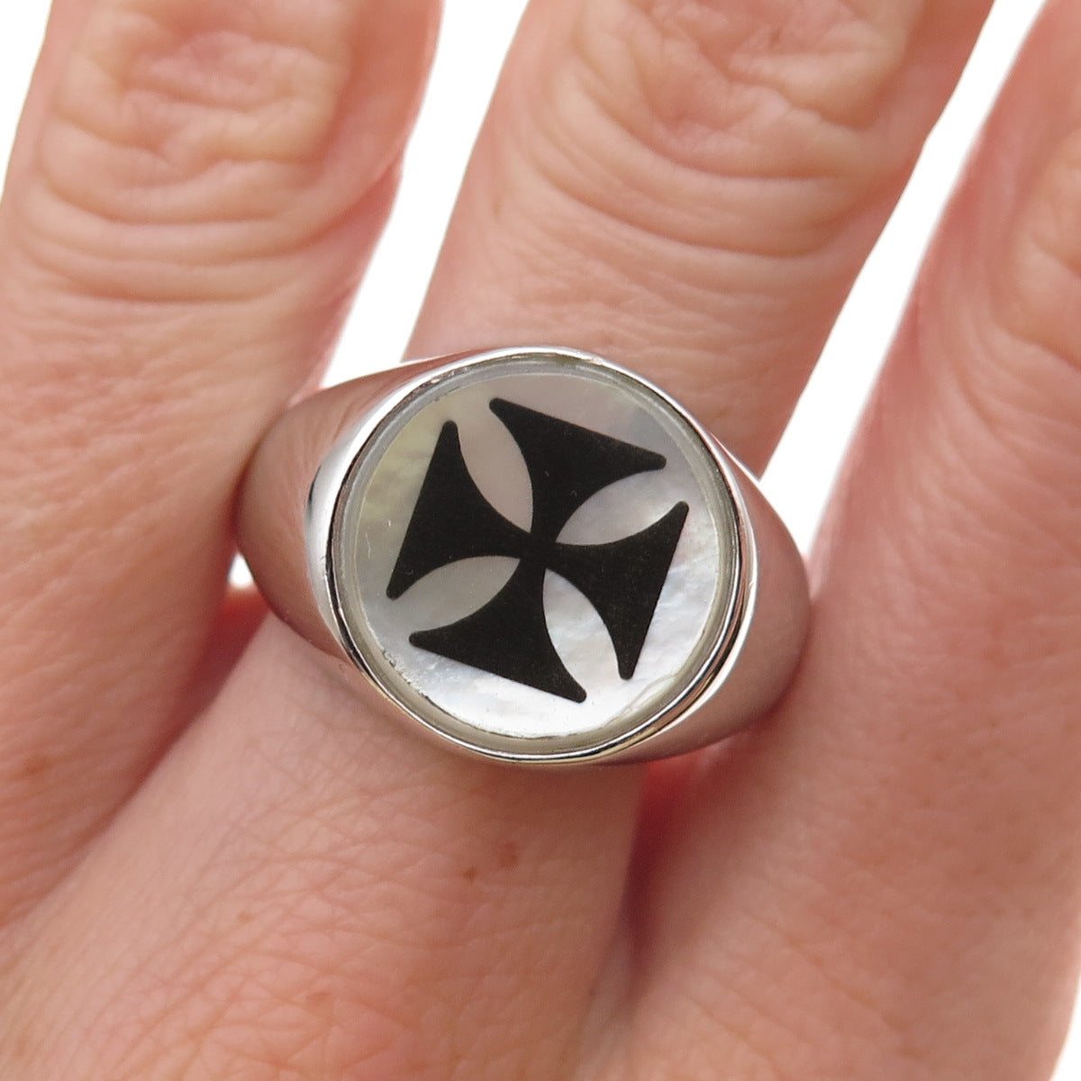 Dasan 925 Sterling Silver Real MOP Cross Signet Ring Size 10.25