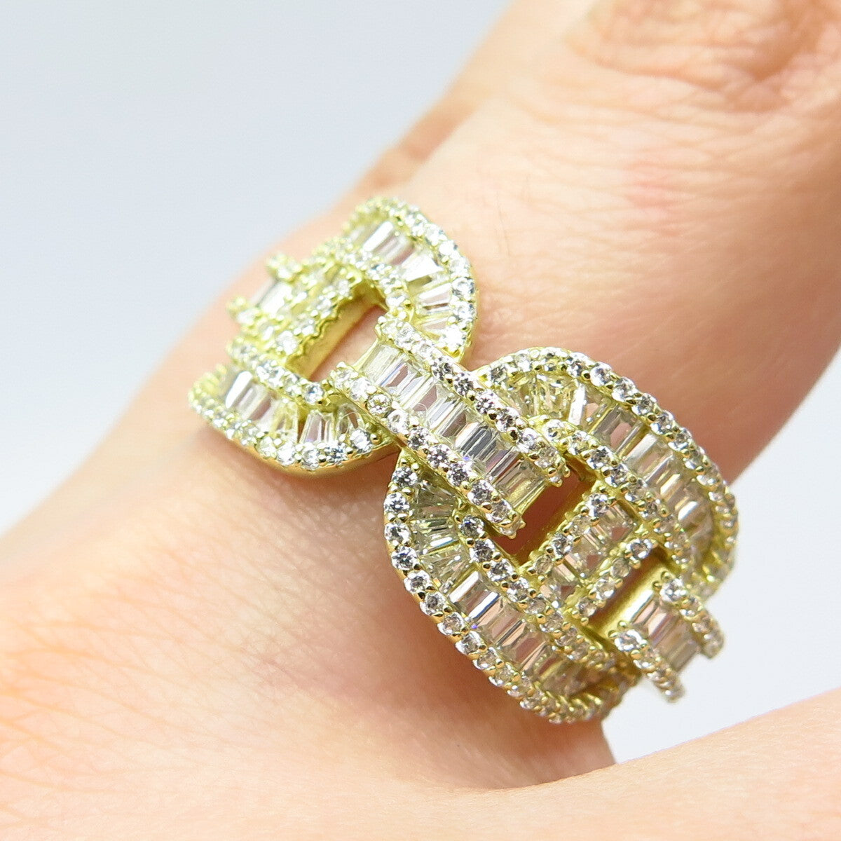925 Sterling Silver Gold Plated Pave C Z Chain Band Ring Size 10.25