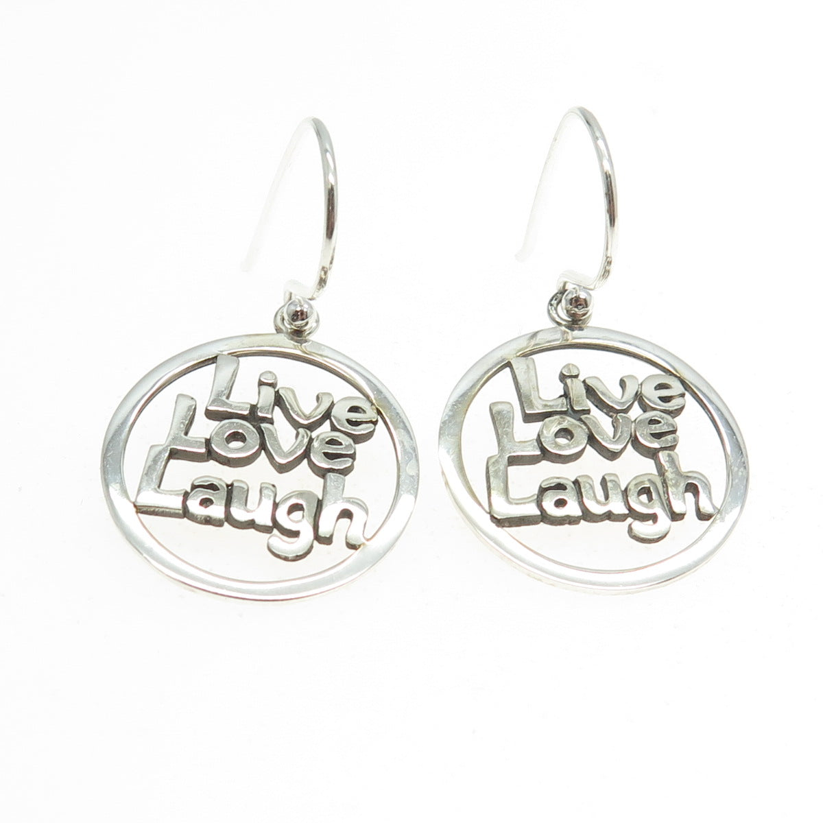 925 Sterling Silver "Live Love Laugh" Round Dangling Earrings