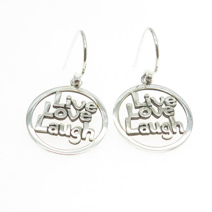 925 Sterling Silver "Live Love Laugh" Round Dangling Earrings