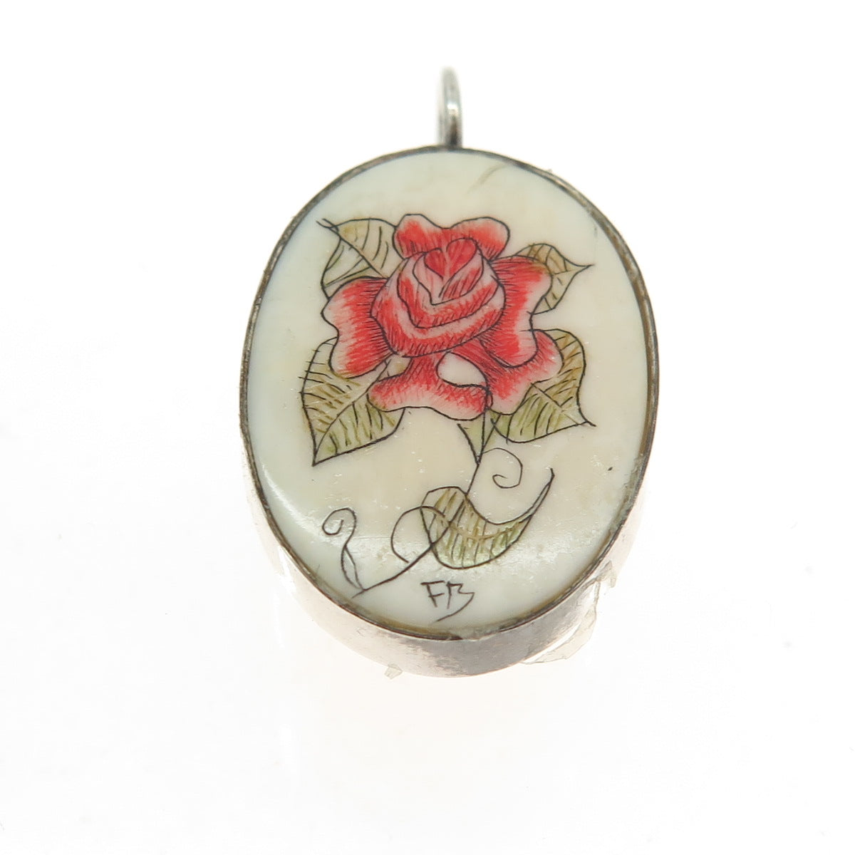 925 Sterling Silver Vintage Rose Floral Oval Pendant