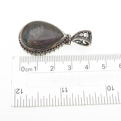 925 Sterling Silver Vintage Real Pear-Cut Labradorite Ornate Oxidized Pendant