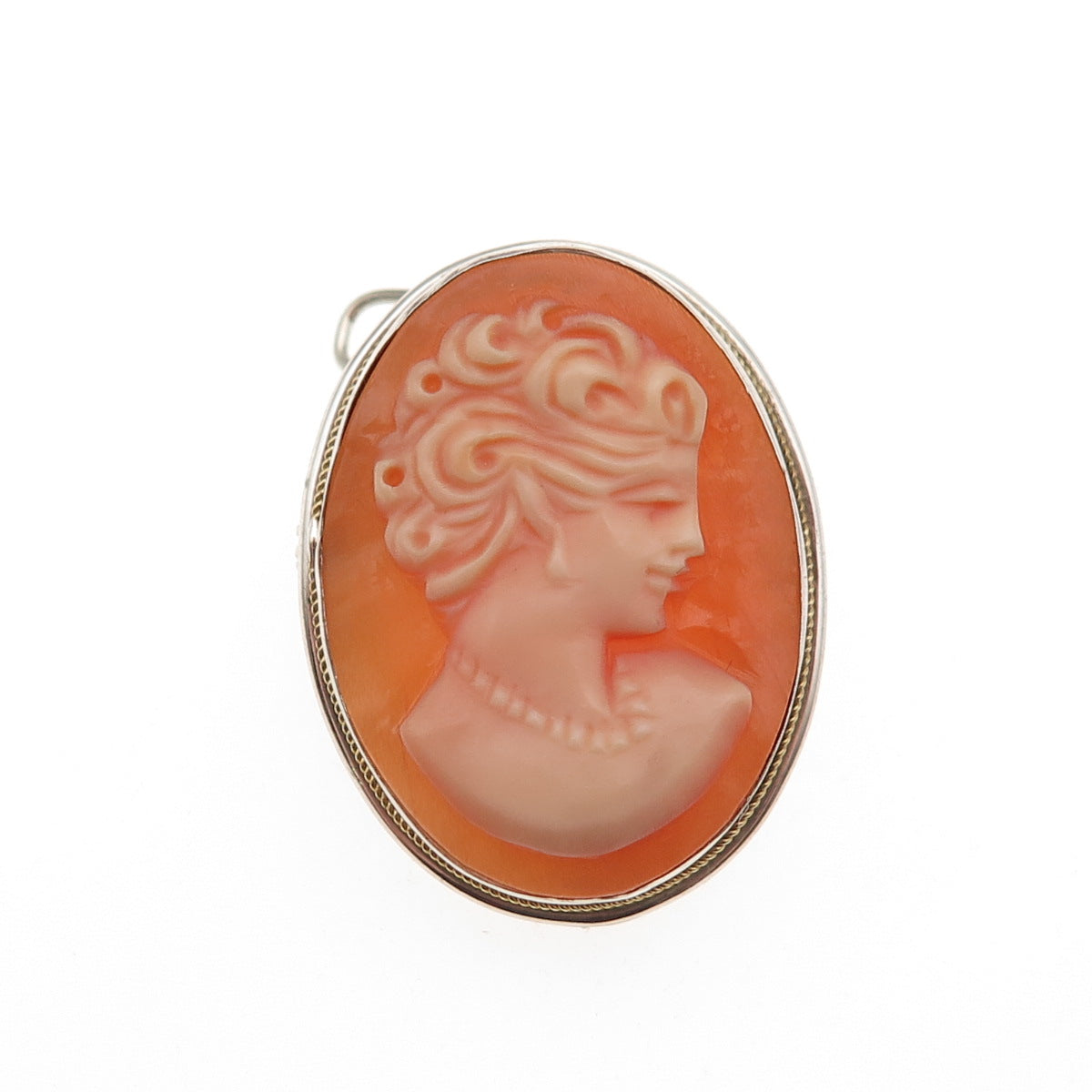 800 Silver 2-Tone Vintage Real MOP Carved Lady Cameo Pin Brooch / Pendant