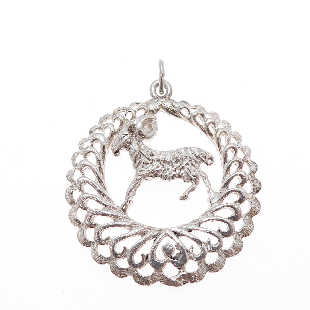 925 Sterling Silver Vintage Aries Zodiac Sign Heart Ornate Charm Pendant
