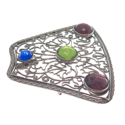 800 Silver Antique Blue Green & Purple Rhinestone Filigree Oxidized Pendant