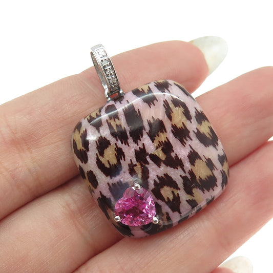 925 Sterling Silver Enamel Real Diamond Lab-Created Pink Sapphire Heart Pendant