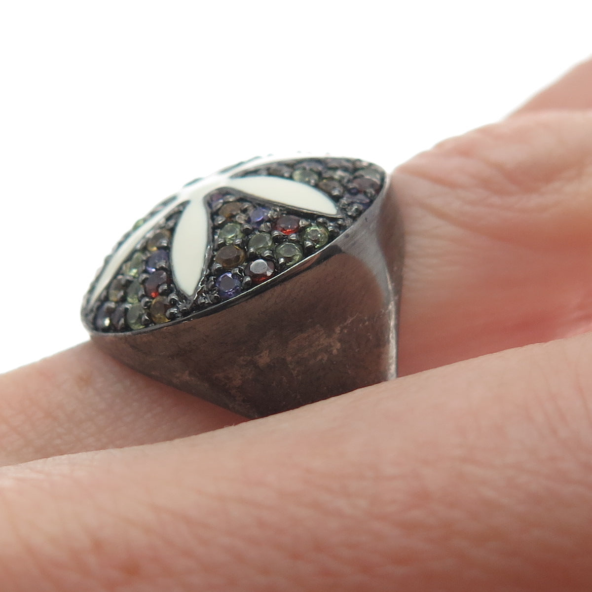 925 Sterling Silver Black Rhodium Enamel Real Multi-Sapphire Ring Size 7.25