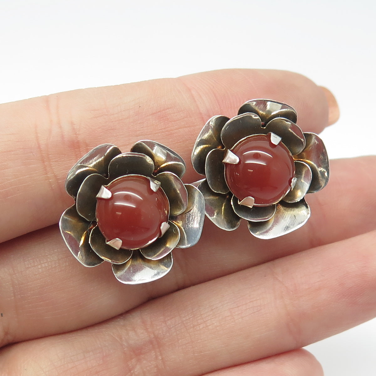 925 Sterling Silver Antique Art Deco Real Carnelian Gemstone Floral Earrings