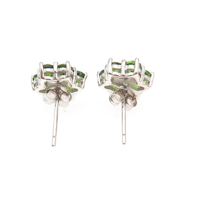 925 Sterling Silver Real Round-Cut Diamond & Peridot Floral Stud Earrings