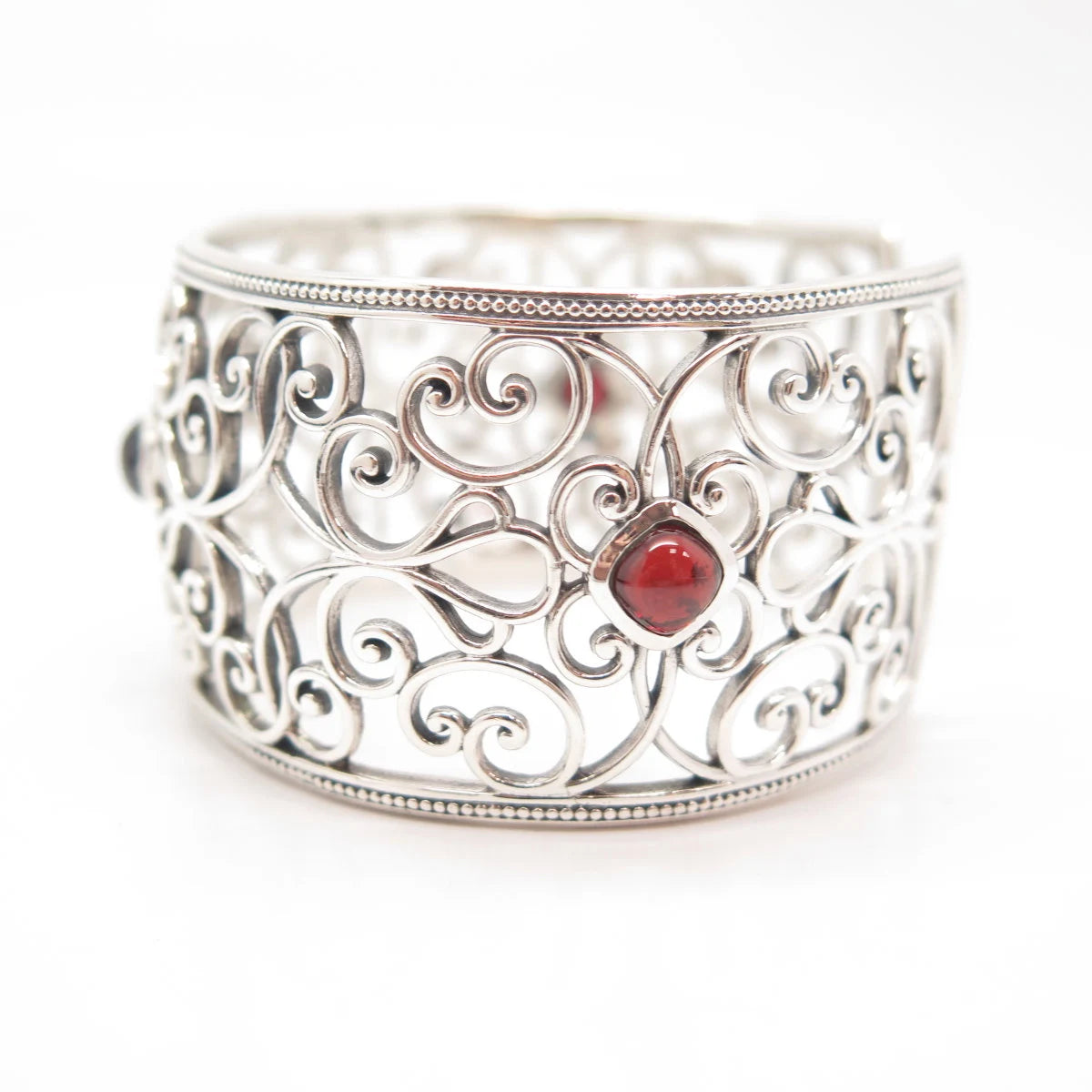 925 Sterling Silver Vintage Real Red Garnet Gem Ornate Cuff Bracelet 7"