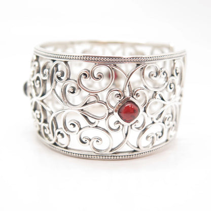 925 Sterling Silver Vintage Real Red Garnet Gem Ornate Cuff Bracelet 7"