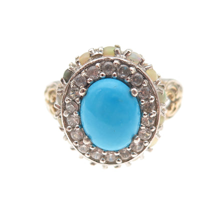Chuck Clemency Sterling Silver 2-Tone Real Turquoise Opal & Topaz Ring Size 8.25