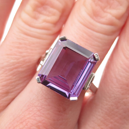 925 Sterling Silver Vintage Emerald-Cut Lab-Created Peacock Sapphire Ring Size 9