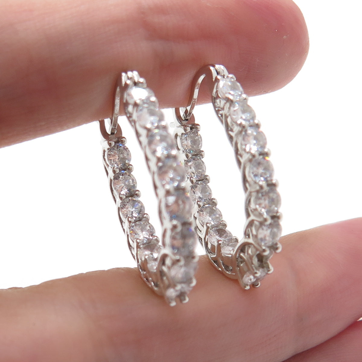 925 Sterling Silver Round-Cut C Z In & Out Hoop Earrings
