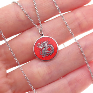 Tokemoti 925 Sterling Silver Red Enamel Chinese Dragon Cable Chain Necklace 18"