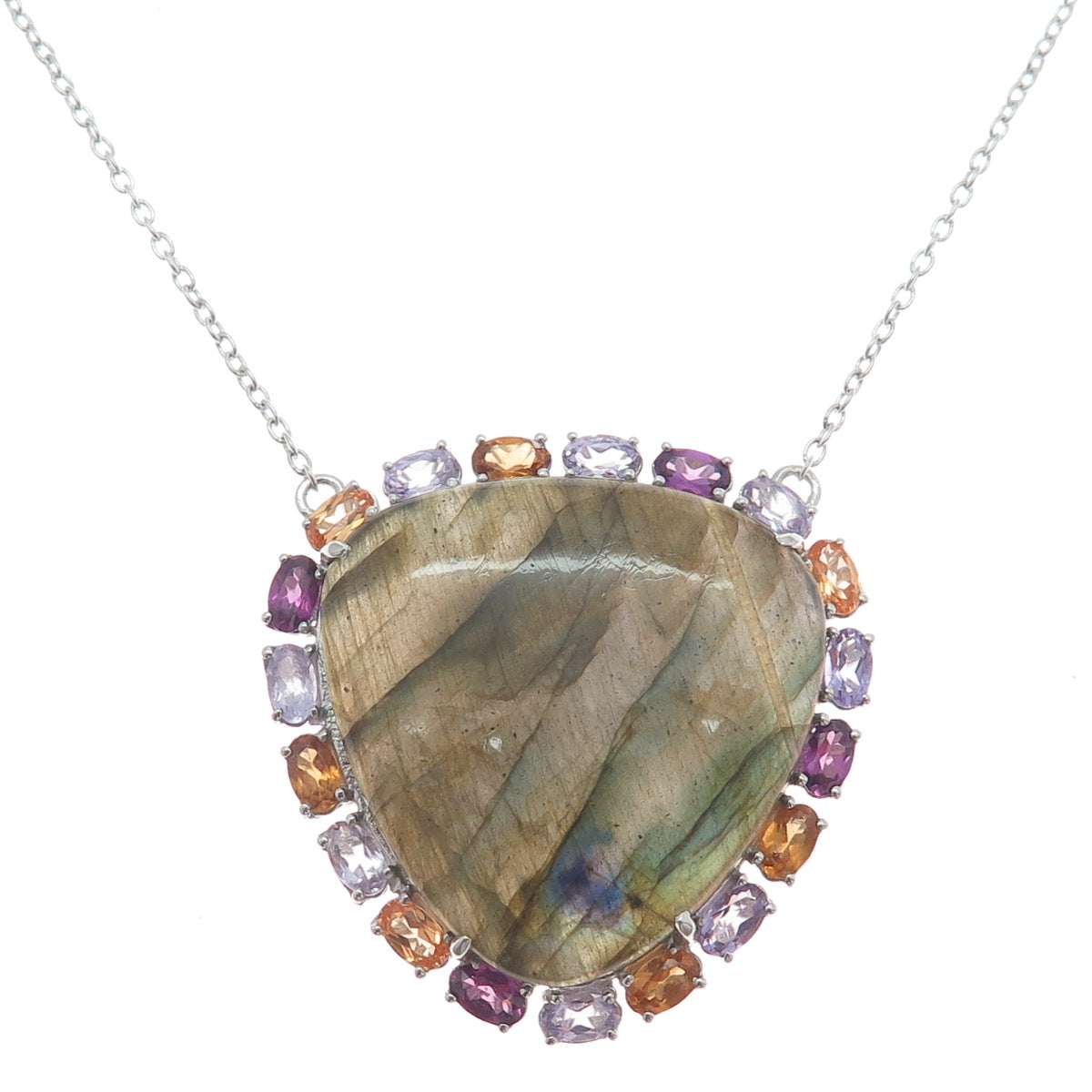 925 Sterling Silver Real Labradorite Tourmaline Citrine Amethyst Necklace 18-20"