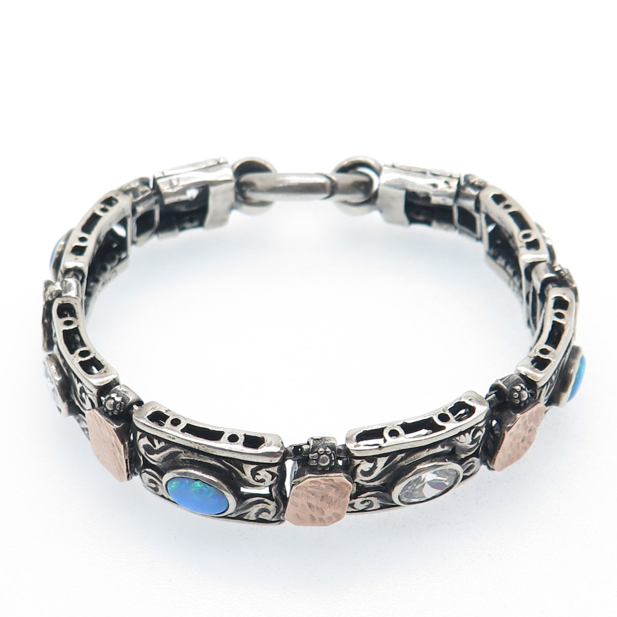 925 Sterling Silver 14K Rose Gold Vintage Real Opal & C Z Ornate Bracelet 7.75"